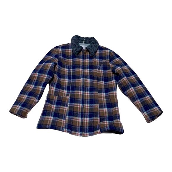 Woolrich womens small full zip jacket plaid wool schaket lined orange blue outer - Picture 1 of 11